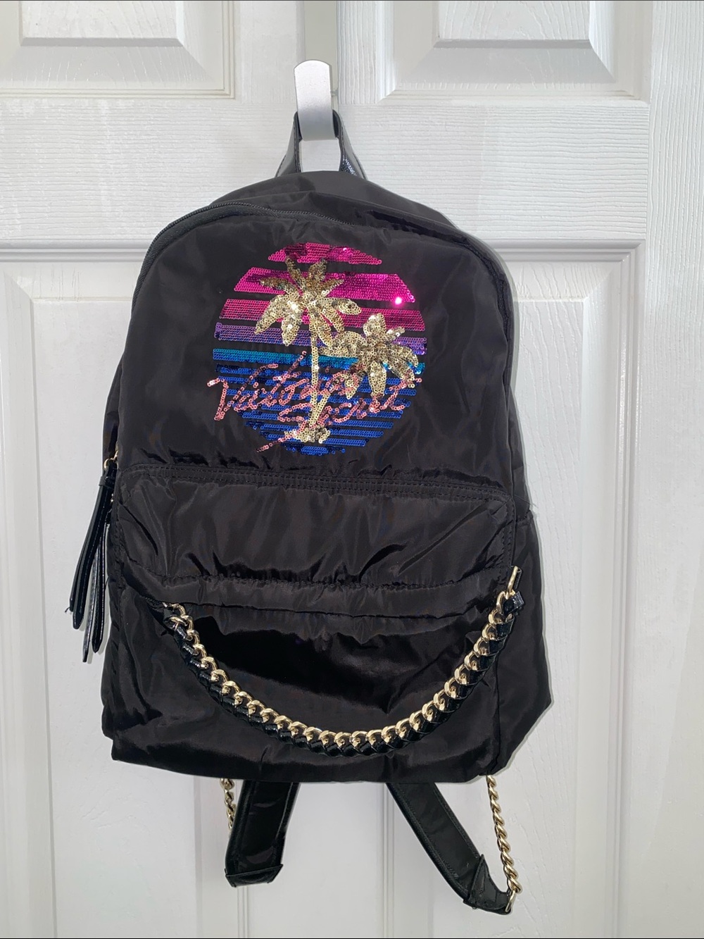 Victoria's Secret Black Backpack with Sequin Palm Tree